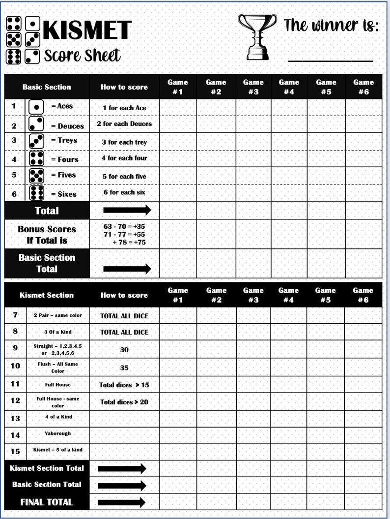 Kismet Score Card Kismet Scoresheet Kismet Score Pads Printable File Kismet Score Card Kismet Scoresheet Kismet Score Pads Printable File