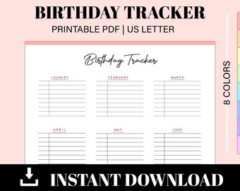 Anniversaire Tracker imprimable | Planificateur d'anniversaire | Calendrier d'anniversaire | Rappel d'anniversaire | Organisateur d'anniversaire | Téléchargement instantané | Lettre américaine