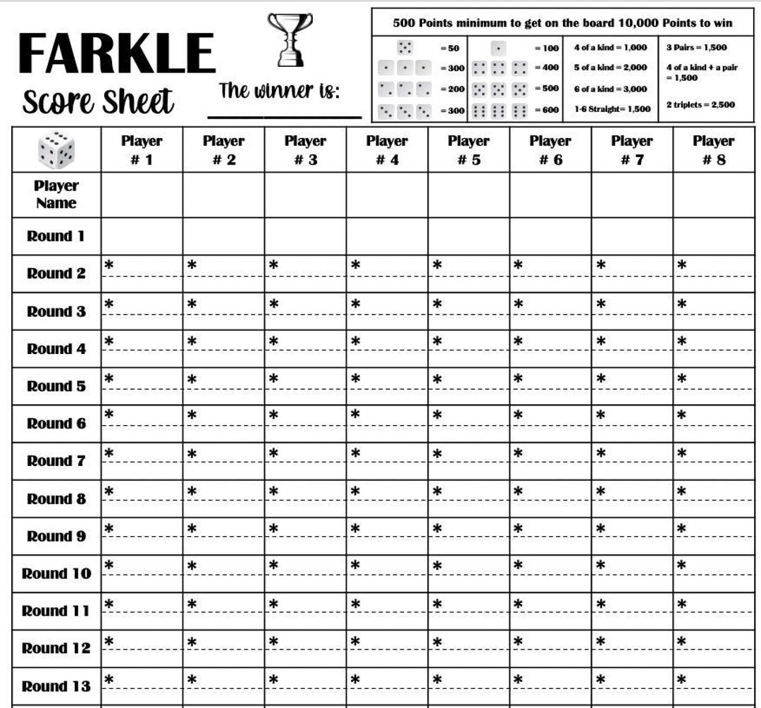 Farkle Score Card Printable File PDF Download 8 5x11 Etsy Israel