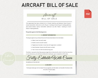 Modèle de facture de vente d'avion modifiable | PDF imprimable | Toile modifiable | Transfert de propriété | Accord juridique | Formulaire aéronautique