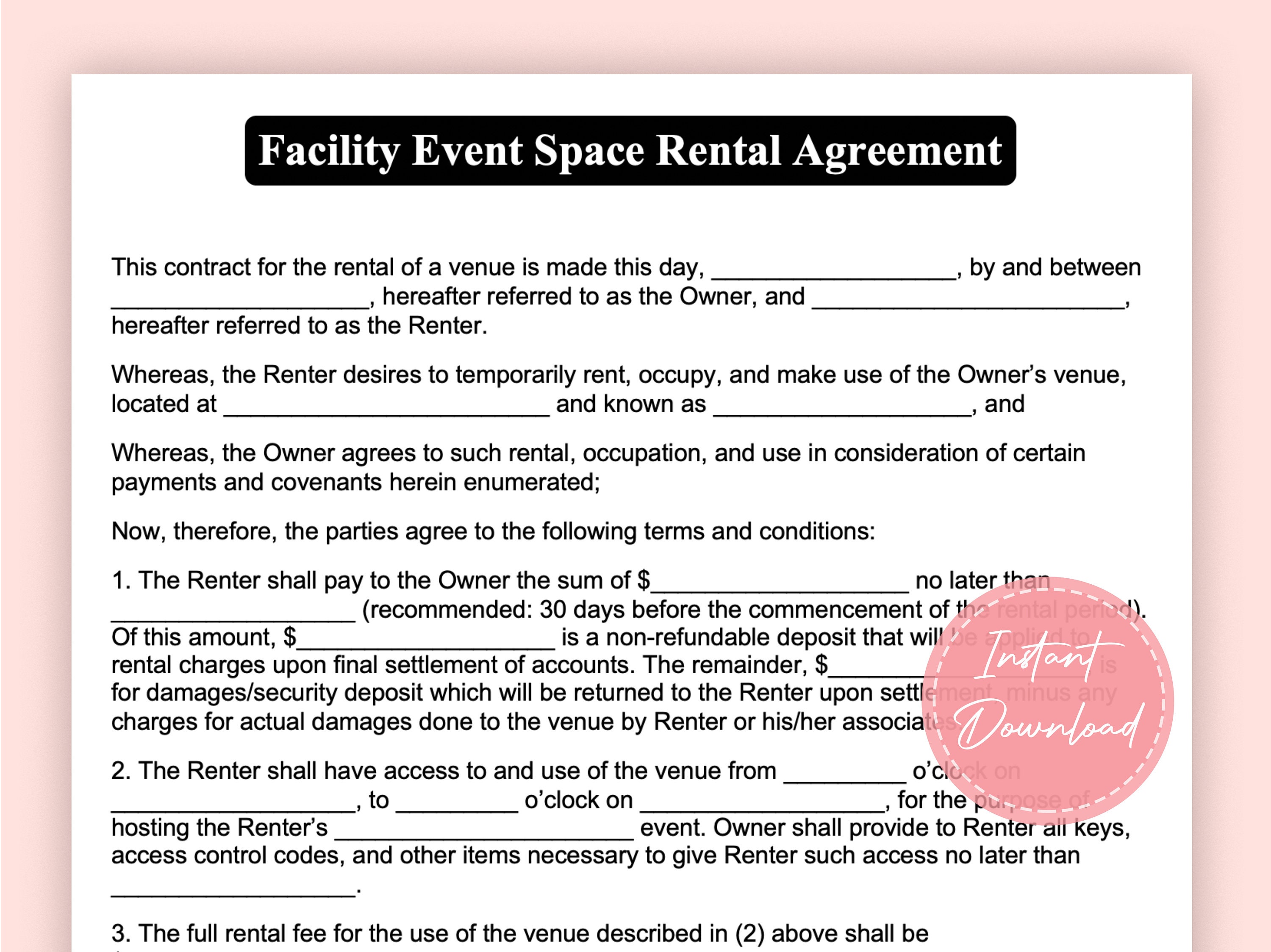 Event Space Rental Agreement Venue Contract Venue Rental Contract