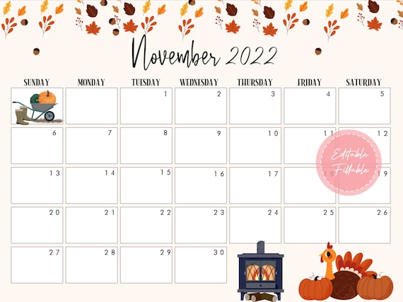 editable november 2022 calendar printable calendar etsy