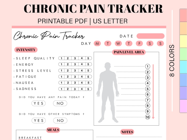 May include: Printable chronic pain tracker with a body outline for marking pain level areas. The tracker includes sections for sleep quality, energy, stress level, fatigue, nausea, sadness, meals, and notes. It also includes a color chart with 8 colors.