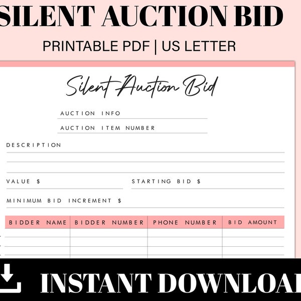 Silent Auction Bid Sheet Printable | Fundraiser Event | Bidding Form | Silent Auction Bundle | Instant Download | US Letter