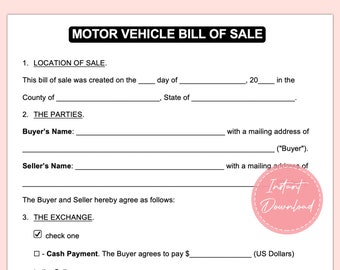 Motor Vehicle Bill of Sale | Bill of Sale | Car Sale Form | Vehicle Sale Form | Car Bill of Sale | Instant Download | A4