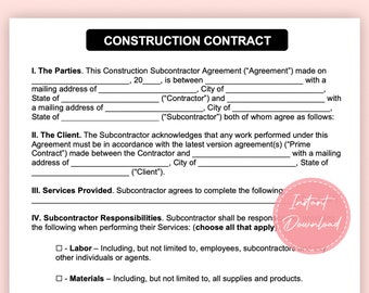 Construction Contract | Contract Template | Construction agreement | Handyman Contract |  Instant Download | A4