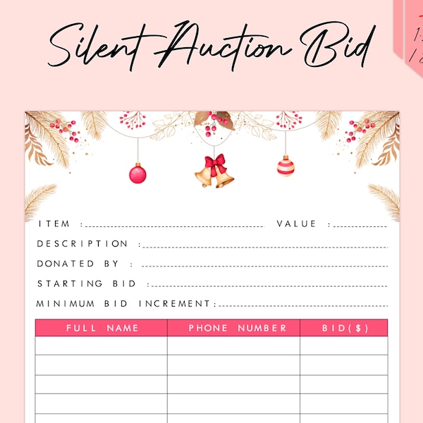 Silent Auction Bid Sheet Christmas Etsy