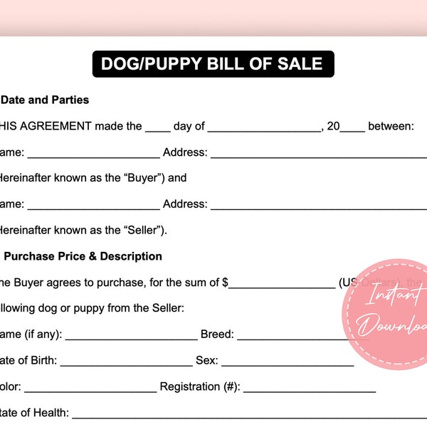 Dog/Puppy Bill of Sale | Puppy/Dog Agreement of Sale | Puppy for Sale Form | Pet Bill of Sale Form | Editable Instant Download | A4
