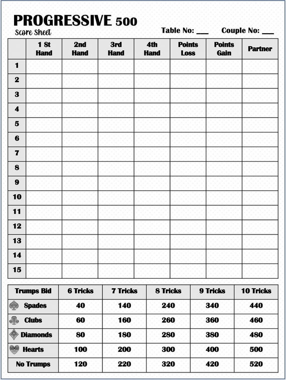 This score pad makes it easy to keep track of scores for the game 500. Free  to download and print