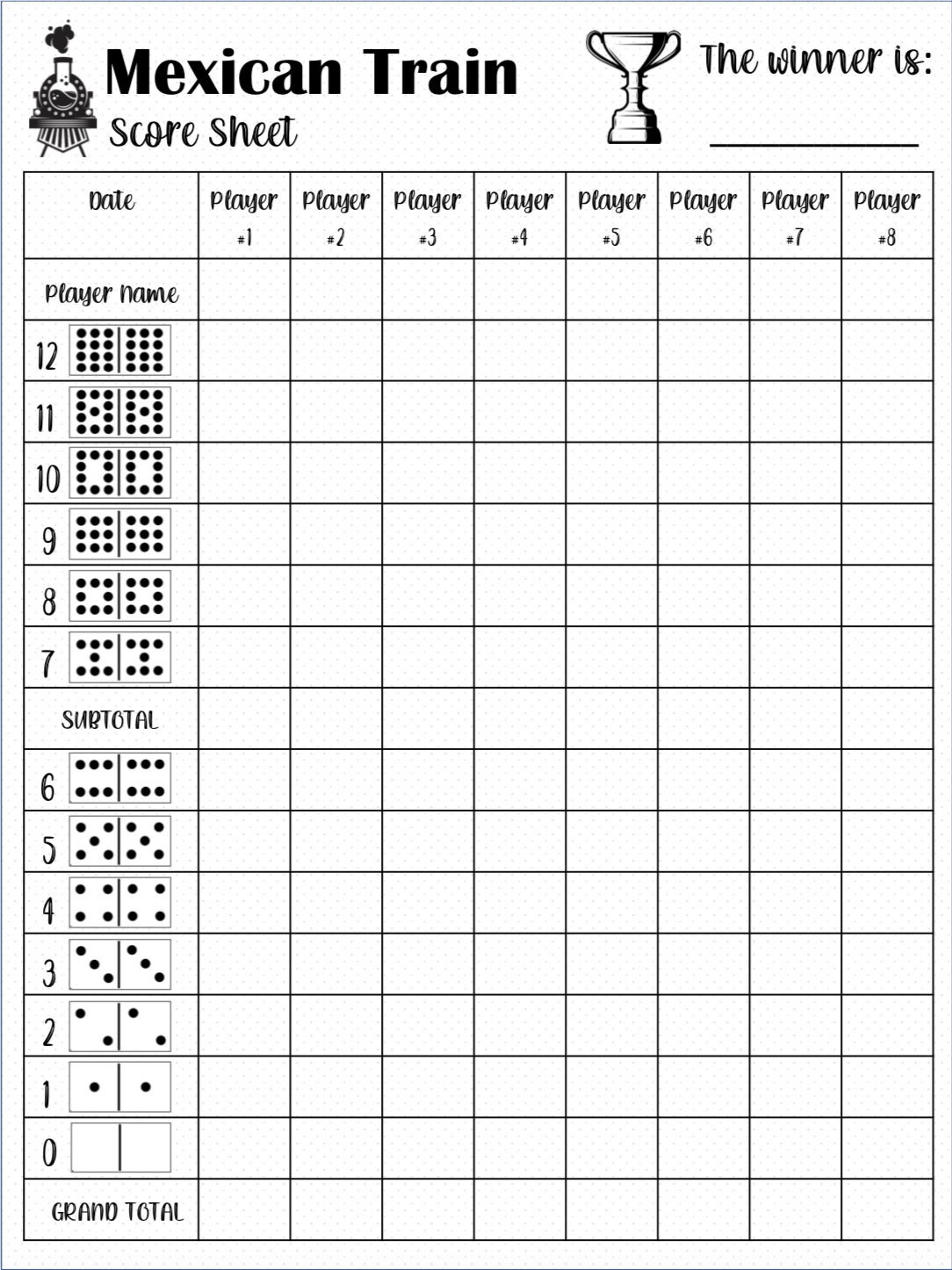 Mexican Train Score Sheet Printable Mexican Train Score Sheet Printable