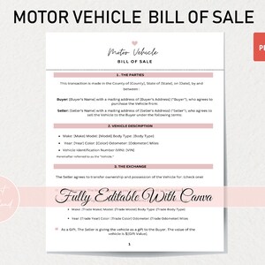 Fully Editable Motor Vehicle Bill of Sale Template | Printable Car Bill of Sale | Canva Editable | Digital Download | Auto Bill of Sale Form