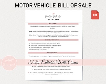 Fully Editable Motor Vehicle Bill of Sale Template | Printable Car Bill of Sale | Canva Editable | Digital Download | Auto Bill of Sale Form
