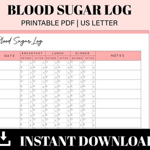 Blood Sugar Log Printable | Blood Sugar Tracker | Blood Glucose Tracker | Diabetic Log | Diabetes Tracker | Instant Download | US Letter