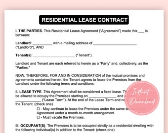 Residential Lease Contract | Residential Lease agreement | Rental agreement | Instant Download | A4
