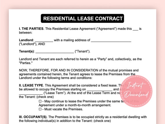 Residential Lease Contract | Residential Lease agreement | Rental agreement | Instant Download | A4