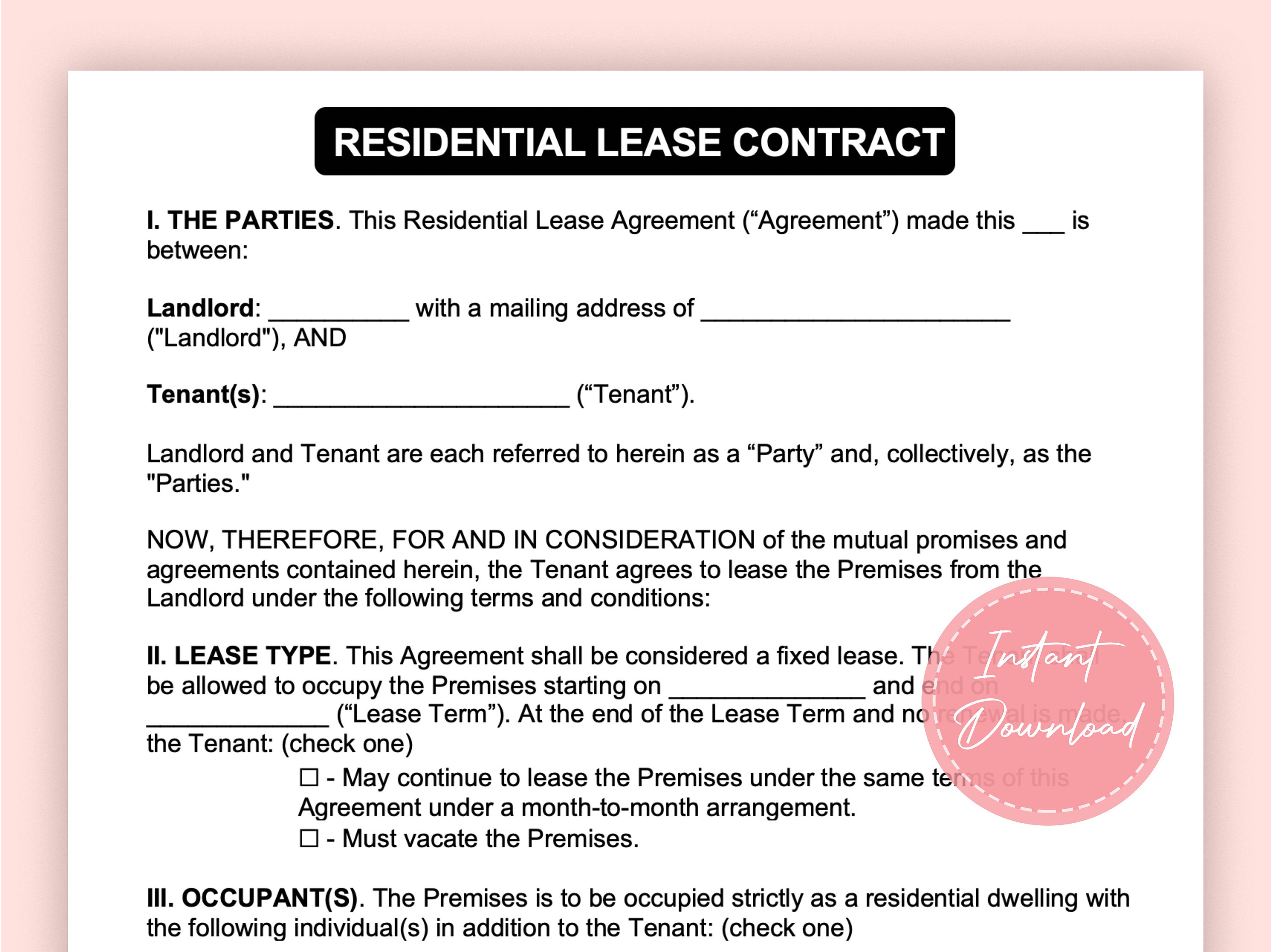 residential lease contract residential lease agreement etsy