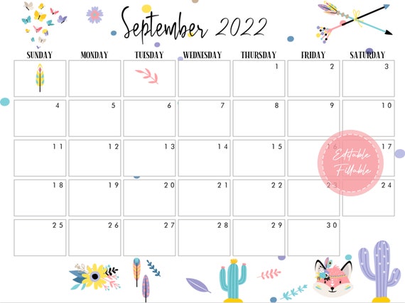 editable september 2022 calendar printable calendar etsy new zealand