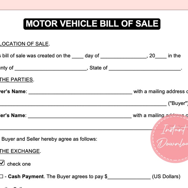Bill of Sale | Bill of Sale Form | Bill of Sale Template | Instant Download | A4