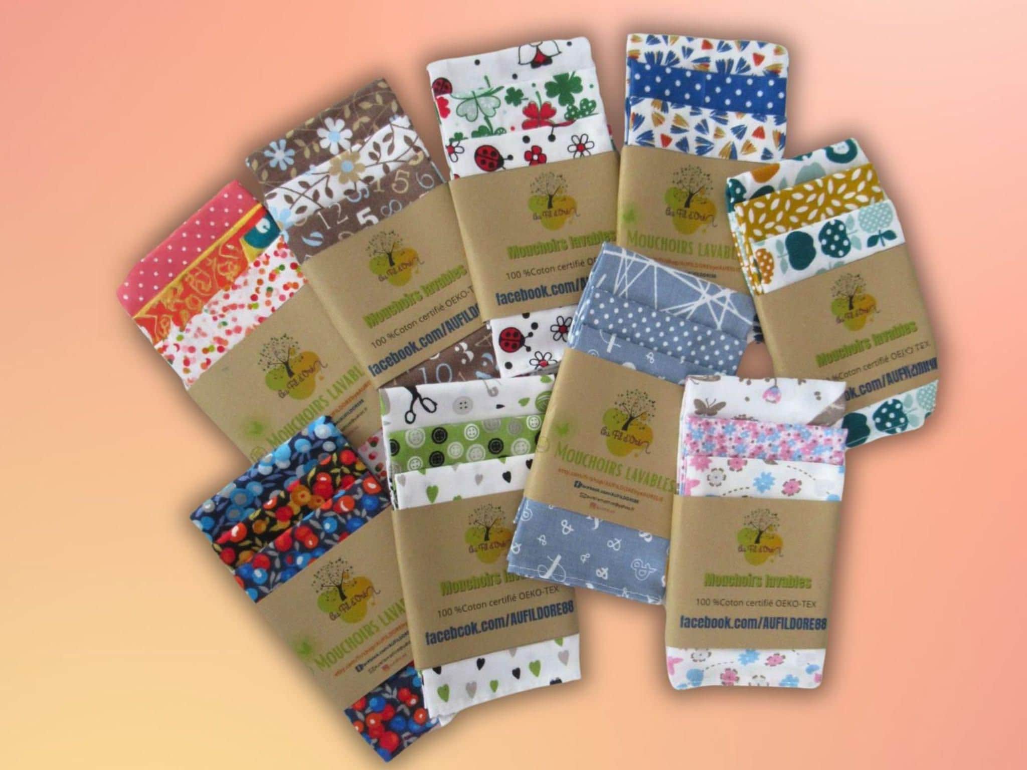 set of 3 adult handkerchiefs in washable Oeko-Tex cotton, zero waste, washable and reusable, washable handkerchiefs