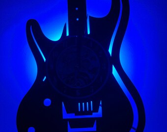 Orologio da parete a forma di chitarra, orologio da parete a forma di disco in vinile, decorazione da parete con chitarra musicale, decorazione da parete con luce notturna a LED, regalo musicale