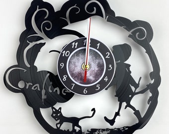Reloj de vinilo de Coraline hecho a mano, decoración espeluznante para Halloween