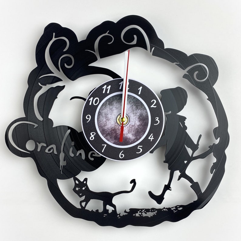 Vinyl clock featuring Cora.line Jones, Spooky decor Halloween, Handmade Christmas gift, Neil Gaiman Secret door design, Vinyl Record Clock