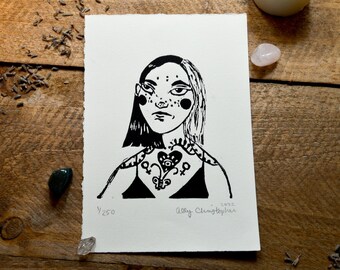 Tattoo Girl Linocut Relief Print