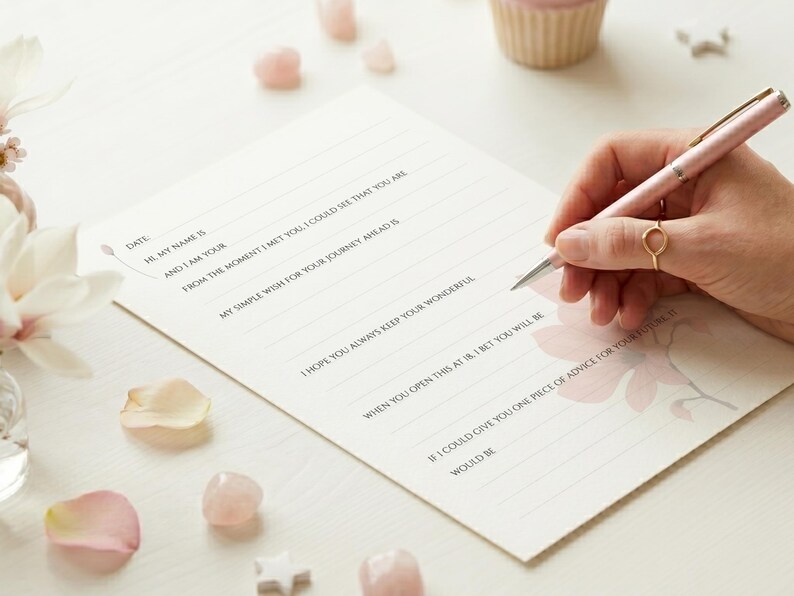 May include: A white paper letter template with printed lines and prompts including Date, My name is, And I am your, From the moment I met you, My simple wish for your journey ahead is, I hope you always keep your wonderful, When you open this at 18, I bet you will be, and If I could give you one piece of advice for your future, it would be.