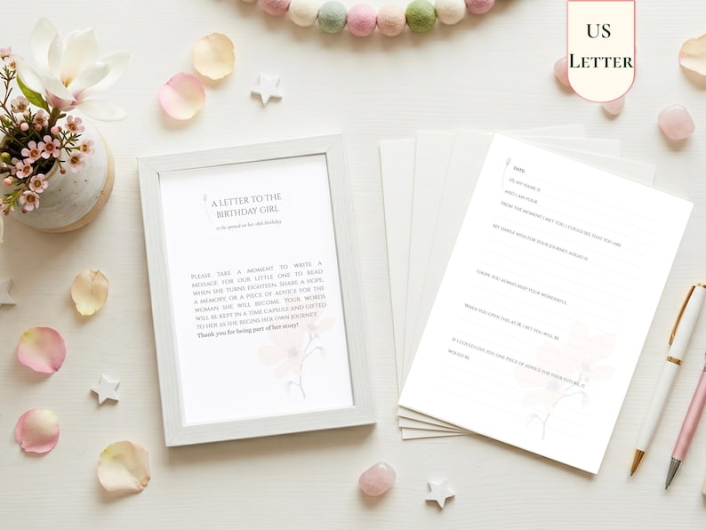 May include: A white frame containing a sign titled A LETTER TO THE BIRTHDAY GIRL, accompanied by several matching stationery cards with prompts for writing messages. The cards feature a soft floral design and are displayed with two pens.