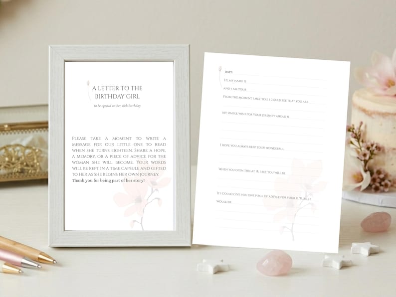 May include: A white framed sign and a matching card titled A Letter to the Birthday Girl, to be opened on her 18th birthday. The card features lines for writing a message, a memory, or advice, decorated with a faint pink floral illustration.