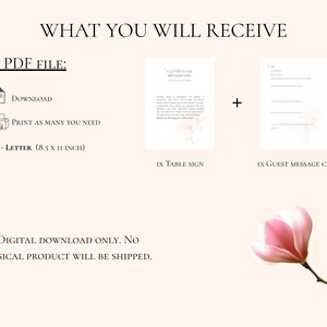 May include: A digital download set containing one PDF file with US-Letter 8.5 x 11 inch dimensions. The set includes a table sign and a guest message card, both featuring floral accents. Text includes WHAT YOU WILL RECEIVE and DIGITAL DOWNLOAD ONLY.