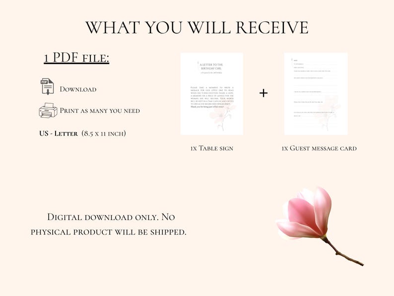 May include: A digital download set containing one PDF file with US-Letter 8.5 x 11 inch dimensions. The set includes a table sign and a guest message card, both featuring floral accents. Text includes WHAT YOU WILL RECEIVE and DIGITAL DOWNLOAD ONLY.