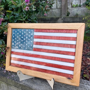 15% Off! United States of America Flag Lasercut Art with Dyed Birch Hardwood Plywood, Epoxy Clearcoat, and Redwood Frame