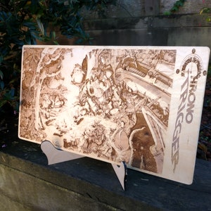 Laser Engraved Chrono Trigger Artwork on Birch Hardwood Plywood - Robo, Crono, and Ayla in Camp