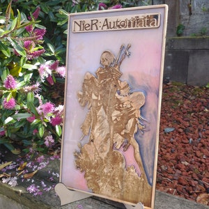 10% off! Laser Engraved Nier Automata Artwork on Birch Hardwood Plywood with Resin Inlay