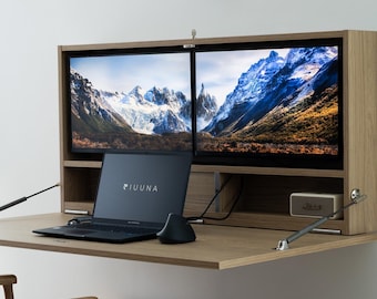 Fold Down Hidden Desk for Dual 24 Inch Monitors, Wall Mounted Floating Secretary Cabinet, Modern Drop Leaf Workstation, Compact Home Office