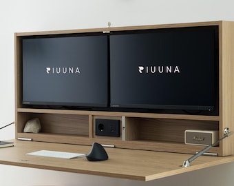 Dual 27 Inch Monitor Hidden Wall Desk, Fold Down Floating Workstation, Large Minimalist Murphy Secretary Cabinet, Space Saving Office Unit