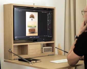 27 Inch Monitor Hidden Computer Desk, Wall Mounted Fold Down Floating Workstation, Modern Drop Leaf Secretary Cabinet, Compact Home Office