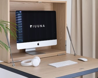 All in One PC Hidden Wall Desk for 27 Inch Monitor with Canvas Art, Freestanding Screen Murphy Workstation, Fold Down Picture Frame Desk