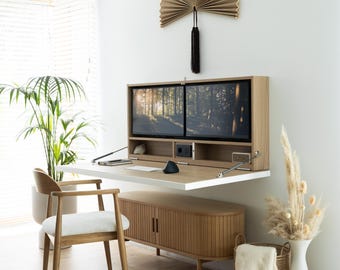 Wandmontierter, klappbarer Schreibtisch für zwei 27-Zoll-Monitore, versteckter Arbeitsbereich, platzsparende Büromöbel