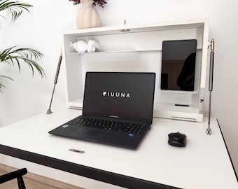 Wall Mounted Laptop and Tablet Desk with Canvas Art, Fold Down Floating Workstation, Space Saving Hidden Murphy Desk, Picture Frame Unit