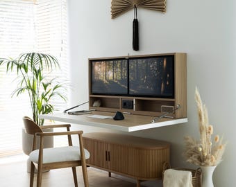Escritorio plegable de pared para dos monitores de 27", espacio de trabajo oculto, mueble de oficina en casa que ahorra espacio