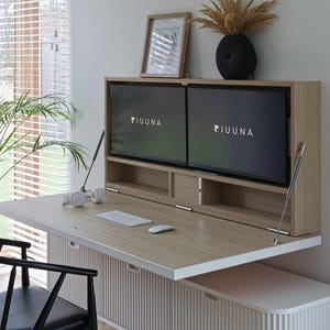 Escritorio plegable de pared para dos monitores de 27", espacio de trabajo oculto, mueble de oficina en casa que ahorra espacio