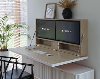 Wandmontierter, klappbarer Schreibtisch für zwei 27-Zoll-Monitore, versteckter Arbeitsbereich, platzsparende Büromöbel