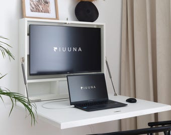 32 Inch Monitor Hidden Wall Desk with Canvas Art Print, Fold Down Floating Computer Workstation, Drop Leaf Secretary Desk, Space Saver Unit