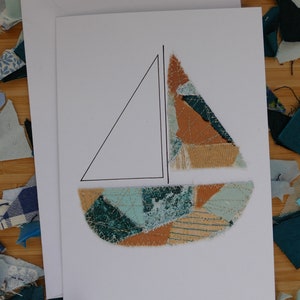 Biglietto d'auguri fatto a mano con barca - grande patchwork di spiaggia sabbiosa