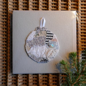 Handmade Bauble Christmas Card - small, off-white patchwork