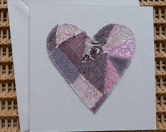 Carte de voeux coeur faite main - moyenne, patchwork violet