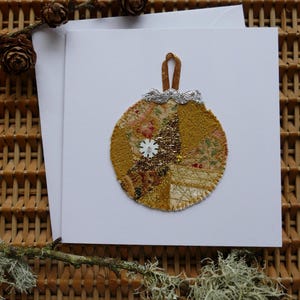 Handmade Bauble Christmas Card - small, gold patchwork
