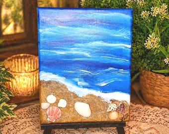 Handgemaltes Kreuz mit Muscheln & Sand | Strand Wandbild